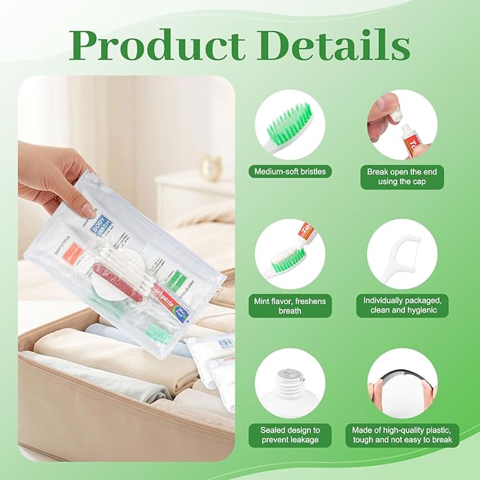 100 Sets Travel Toiletries Kit Bulk, 9-in-1 Disposable Personal Hygiene Kit with Toothbrush,Toothpaste,Floss,Shampoo,Shower Gel,Conditioner,Soap,Comb, and Vanity Kit for Hotel Guest Donations Supplies