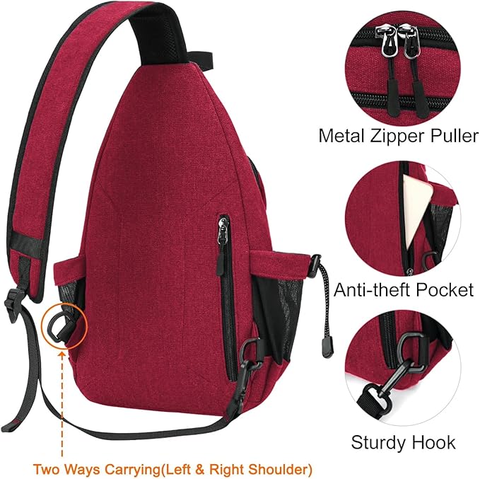 MOSISO Sling Backpack,Canvas Crossbody Hiking Daypack Bag with Anti-theft Pocket, Red
