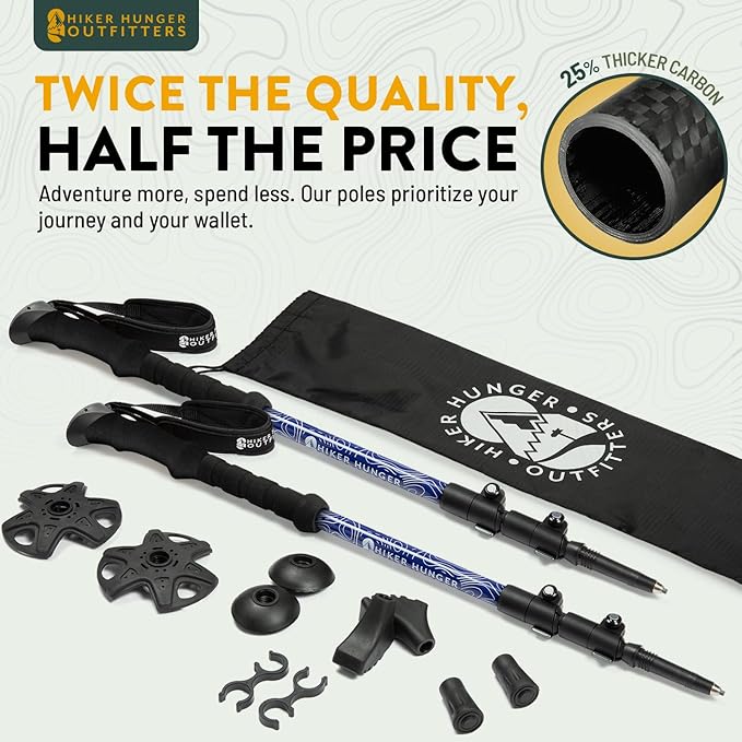 100% Carbon Fiber Trekking Poles by USA Brand - Ultra Strong Lightweight Collapsible Hiking Poles with Cork and EVA Foam Grips & Quick Adjustable Flip Locks