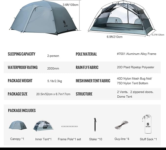 OneTigris COSMITTO 2 Person Backpacking Tent Shelter- Free Standing Lightweight Waterproof 3 Season Camping Tent for Outdoor Hiking Mountaineering