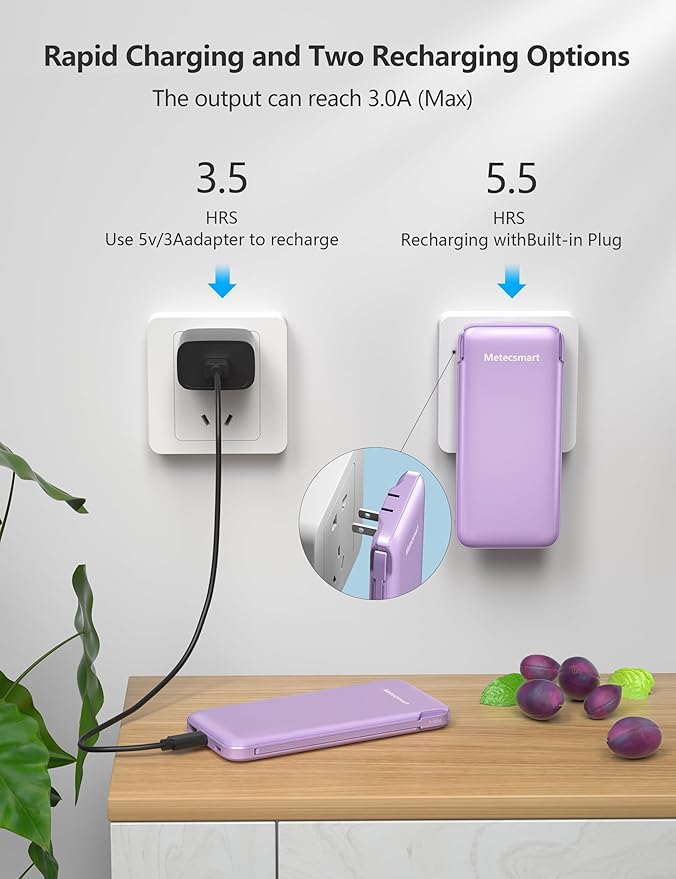 2-Pack 10000mAh Phone Portable Charger Power Bank, Built in Cable and AC Wall Plug, Fast Slim USB C Charging Battery Pack Travel Essentials Compatible with iPhone, Android, White & Purple