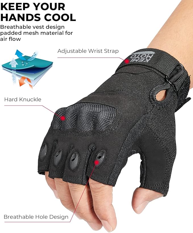 KEMIMOTO Fingerless Tactical Gloves for Men, Motorcycle Gloves for Outdoor Work Sports, Fingerless Cycling Gloves for Hunting Hiking Camping