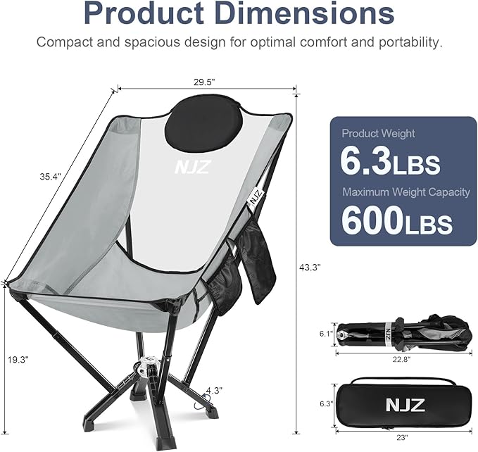 High Back Camping Folding Chairs - 600 LBS Capacity Heavy Duty Camping Chair with Comfortable Backrest & Headrest, Quick Setup - Compact Camp Chair for Picnic, Fishing, Beach, Lawn - Silver