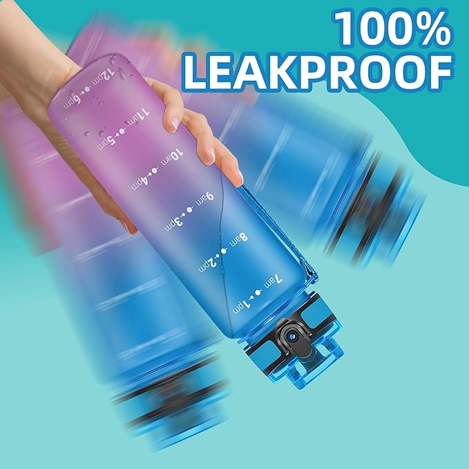 OLDLEY 32 oz Water Bottle, Motivational Water Bottle with Time Marker, Sports Water Bottle With Strap, Leakproof & BPA Free Large Water Bottles for School, Gym, Travel, Outdoor, Tritan,Blue&Purple