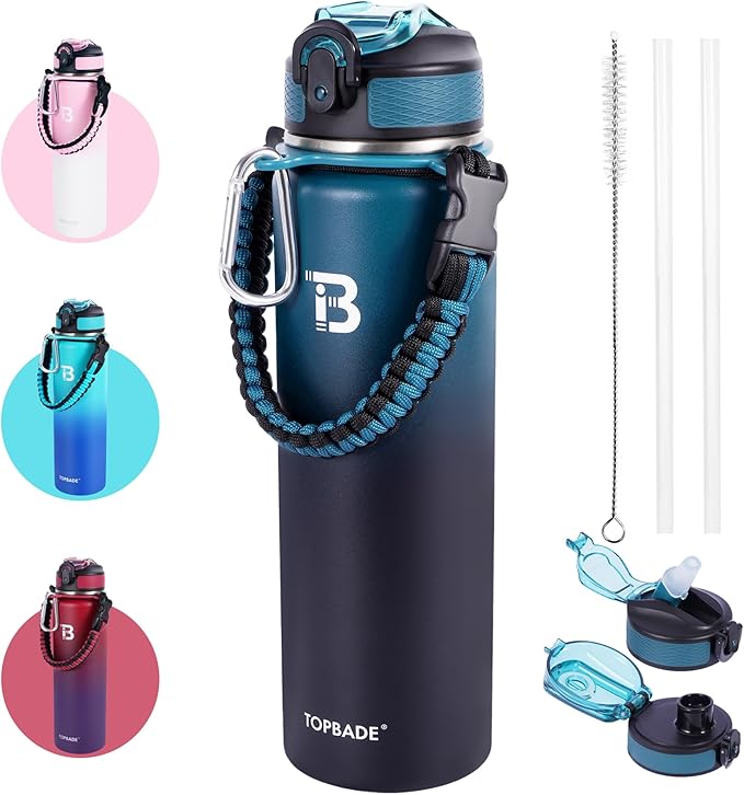 32oz Insulated Water Bottle with Straw Lid & Spout Lid & Paracord Handle, Stainless Steel Water Bottle Wide Mouth, Double Wall for Women Men Gym Fitness Outdoor