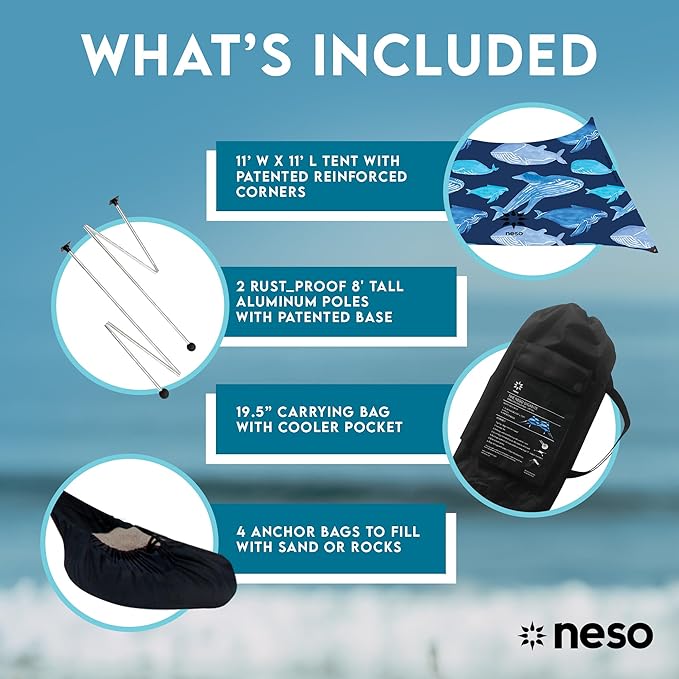 Neso Gigante - Portable Beach Tent - Ideal to Enjoy with Family and Friends - UPF 50+, Water-Resistant, and Lightweight - Save The Whales, 11' x 11'