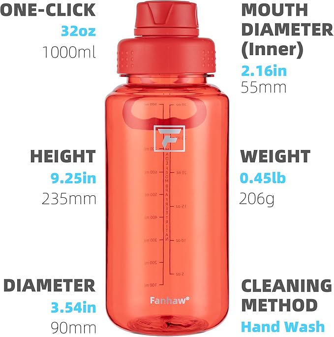 Fanhaw 32 oz Clear Water Bottle with Fast-Flow Spout Lid, BPA-Free Tritan, Wide Mouth, Leakproof, Reusable Bottle for Gym, School, Office, Travel (Red)