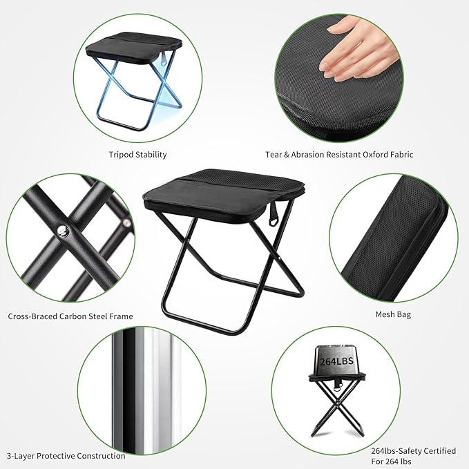2Pack Camping Stool Collapsible Stool, Portable Folding Stool for Adults with Carry Bag, Lightweight Foldable Stools for Outdoor Camping Hiking Fishing Travel Picnic Gardening, Holds 264.5LBS(Black)
