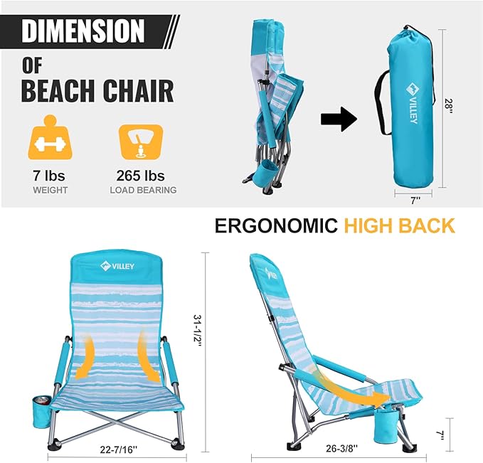 VILLEY Low Beach Chair, High Back Folding Chair for Adults, Lightweight and Portable for Outdoor, Camping, Lawn, Music Festival, with Cup Holder and Carry Bag - Blue Stripes
