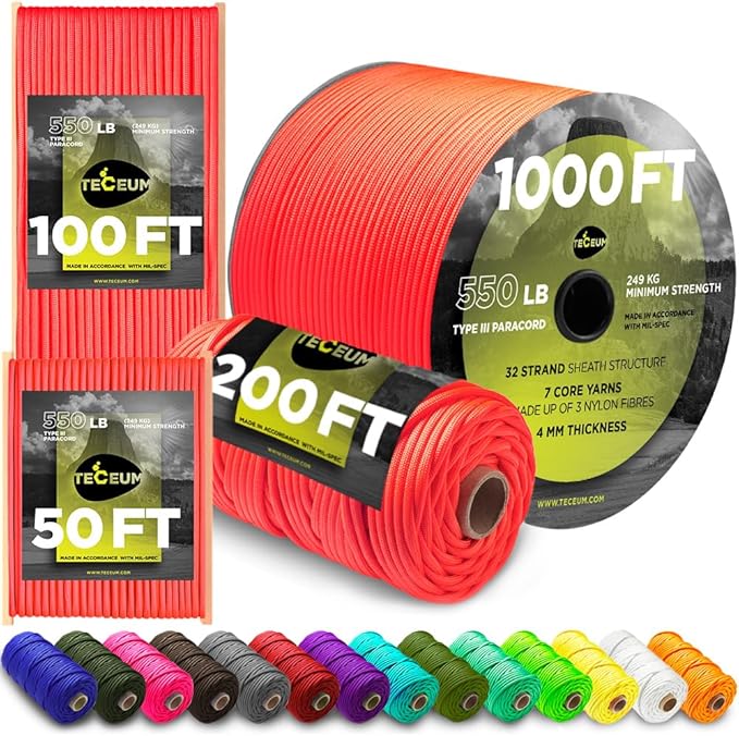 TECEUM 5/32" Paracord Rope 1000 – 1000ft / 200ft / 100ft / 50ft – Tactical Parachute Cord 4mm – 45+ Colors – Nylon String for Survival & Camping Gear – Stripe Cord for Survival – Utility Rope