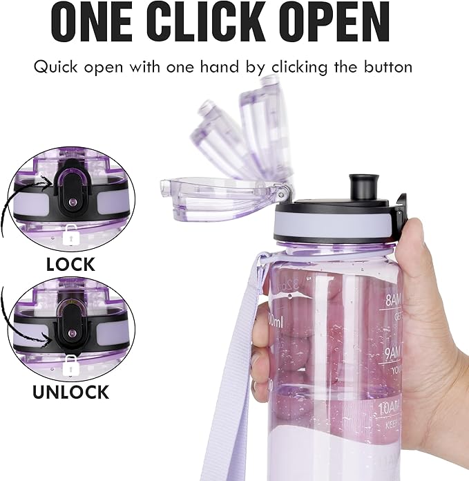 OLDLEY Water Bottle, 32oz Motivational Sports Water Bottle with Time Marker - Times to Drink - Tritan, BPA Free, Wide Mouth Leakproof,Amethyst (1 Bottle)