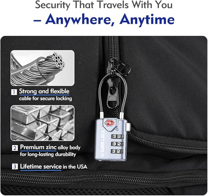 SURE LOCK TSA Approved Combination Luggage Locks with Open Alert Indicator – Durable Zinc Alloy Cable Travel Locks with Large Easy-Read Dials for Suitcases, Backpacks & Gym Bags(Grey 4 Pack)