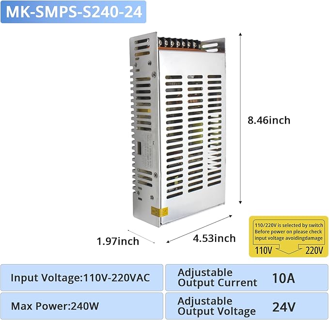 MK-SMPS-S250-24 MAKERELE DC 240W Power Supply Switching Converter, AC 110V-220V to DC 24V Transformer Driver Adapter, Universal Regulated Switching 10A for Strip 3D Printer CCTV Camera Motor Pump