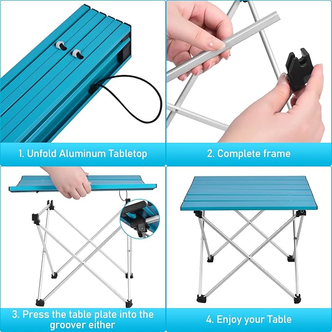 Tesouro Portable Camping Table,Folding Side Table Aluminum Top for Outdoor Cooking, Hiking, Travel, Picnic (Blue-Medium)