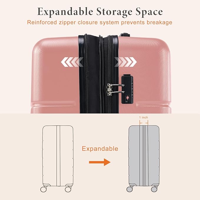 Sweetcrispy Carry on Luggage, Hard Shell ABS Suitcase with Double Spinner Wheels, Lightweight Expandable Rolling Suit Case with TSA Lock, 24 Inch Pale Pink