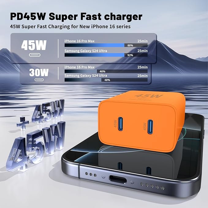 QZIIW iPhone 17 16 15 Pro Max Charger Fast Charging,45W Dual Port USB C Fast Charger Block [2-Pack] & Extra Long 60W 3/6/10/10FT USB C Cable - PD Quick Adapter 3.0 for iPhone 16 15 17/16 15 17 Pro.