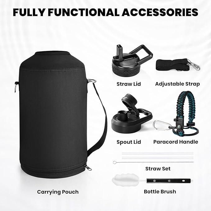 One Gallon Water Bottle Insulated, Triple Walled Vacuum Stainless Steel (Cold for 48 Hrs), Leak Proof & Non-BPA, Large Water Flask Jug with Paracord Handle & Straw Spout Lids
