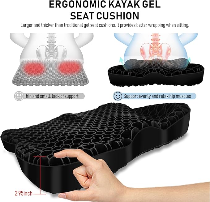 NEW-Vi Anti-Slip Kayak Seat Cushion - Double Thicken Gel Boat Cushion, Waterproof Kayak Gel Seat Cushion, Coccyx Sciatica Pain Relief, Kayak Accessories for Fishing, Kayak Fishing Accessories