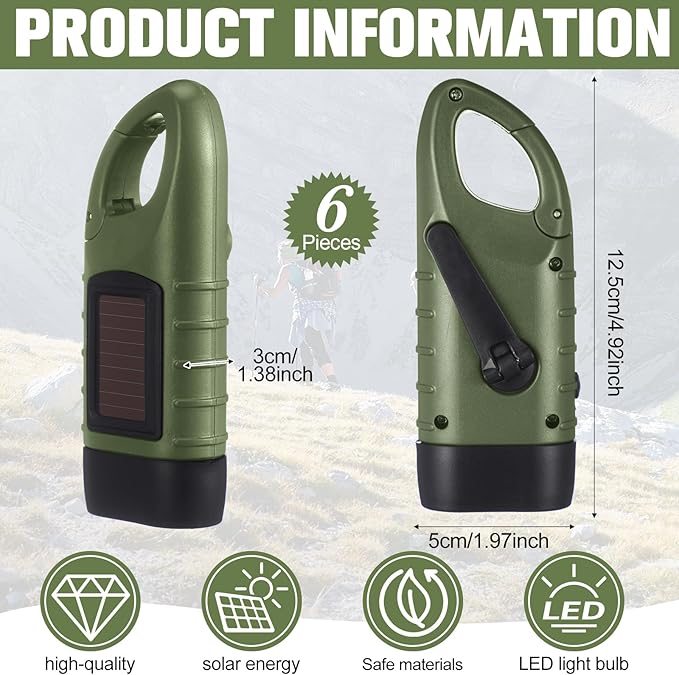 Mudder 6 Pcs Hand Crank Solar Powered Flashlights Emergency Rechargeable LED Handheld Flashlights for Survival Gear Outdoor Sports Camping Hiking Backpack Safety (Green)