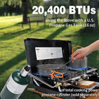 3-Burner Propane Camping Stove - Portable Stove with Adjustable Burners, Wind Guards, Toast Tray, 20,400 BTUs for Camping, Tailgating, BBQ, Picnics