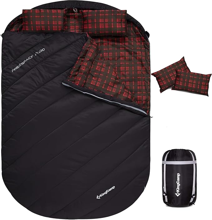 KingCamp Double Sleeping Bag for Adults, Queen Size 2 Person XXL Flannel Sleeping Bag, Waterproof Lightweight Flannel Quilt with 2 Pillows, Perfect for Couples Family Camping Hiking