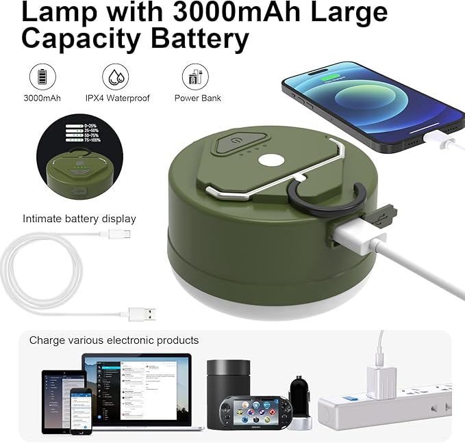 3000mAh 2000LM Rechargeable Camping Light , Warm/White/Nature/SOS 4Modes Brightness Stepless Adjust Camping Lantern Rechargeable Tent Light for Power Failure Emergency Survival Kits (2)
