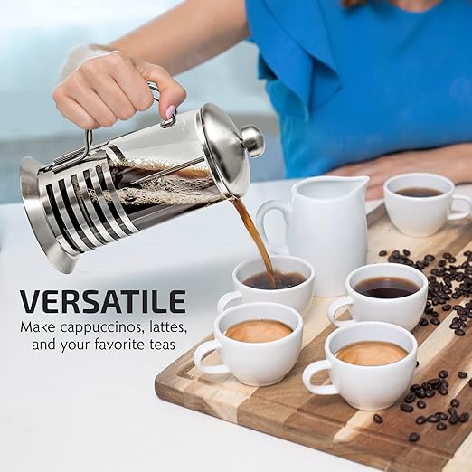 OVENTE French Press Coffee Maker 34 Ounce with Heat Resistant Borosilicate Glass, Stainless Steel Design and 4-Level Filter System, Portable Cold Brewer Pot for Travel, Camping or Gift, Silver FSH34S