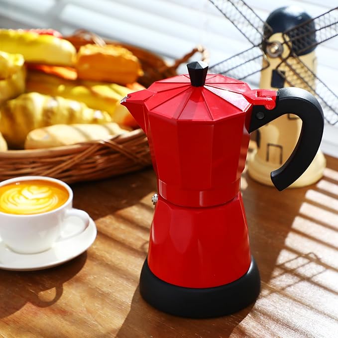 Coffee Pot 6 Cup Electric Espresso Coffee Maker Italian Moka Maker 300ml Portable Aluminum Espresso Machine Cafetera Moka Pot with Detachable Base, Gift for Home Travel(Red)
