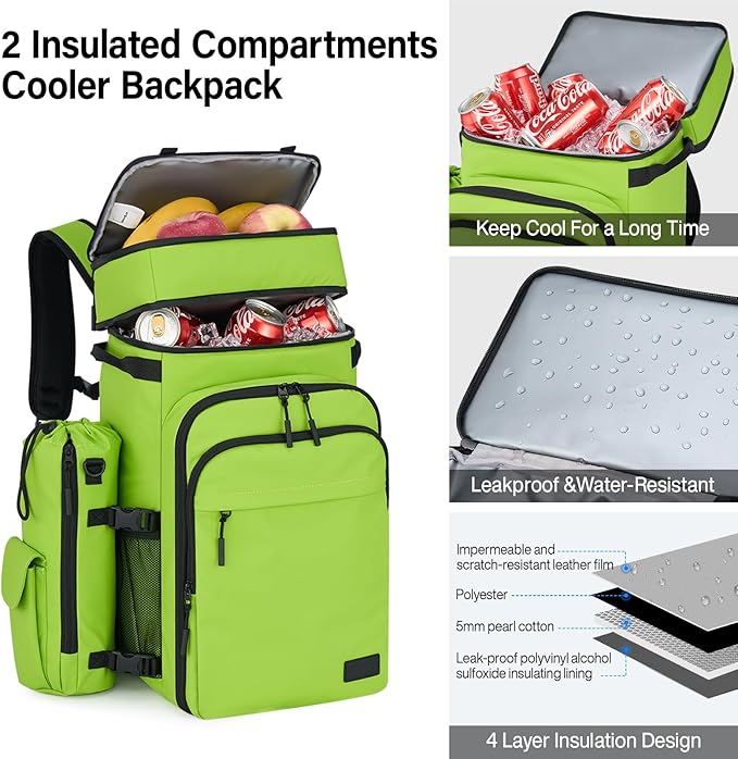 Backpack Cooler, 40 Cans Soft Leak Proof Picnic Backpack, Hanke Portable 2 Insulated Compartments Cooler Backpack Water Resistant for Lunch Beach Travel Camping Picnic Hiking (Green)