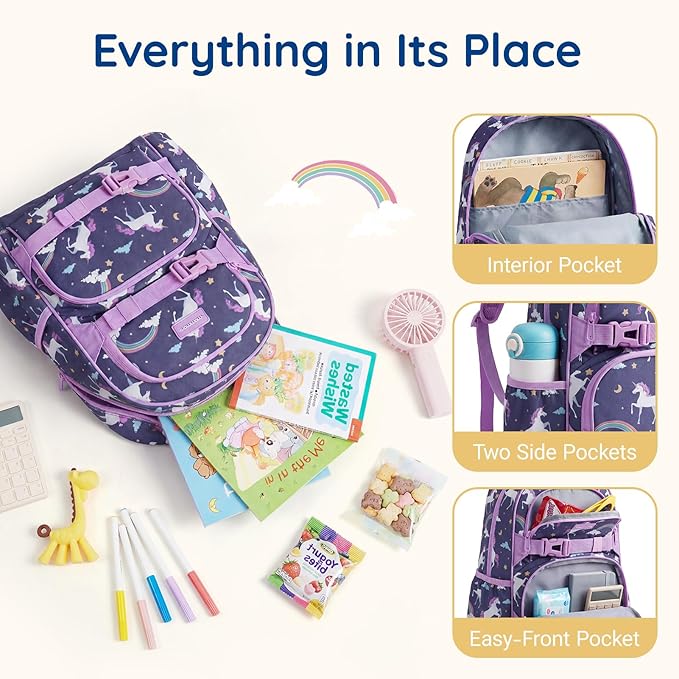 mommore Kids Backpack for Girls 4-8 with Lunch Box Elementary Kindergarten Preschool School Backpack 15'' Fit Folders Bottles, Purple Unicron