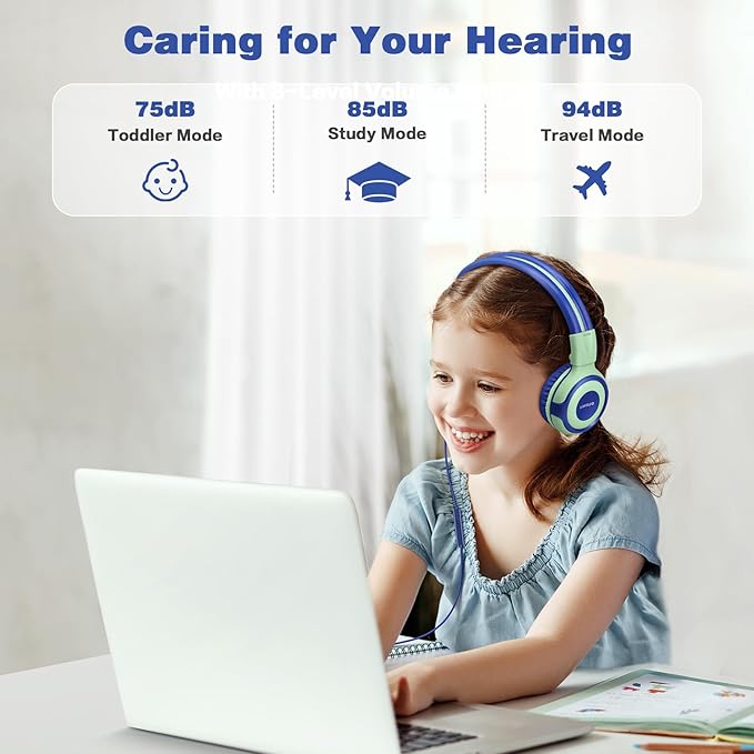 SIMOLIO Kids Headphones for School, Safe Volume Limiter Headphone with Microphone, Adjustable Sturdy & Foldable, Stereo Wired Headsets for Child, Toddler, Boys, Girls, Online Course (Green)