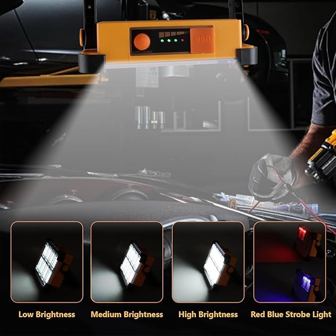 2 Pack 120W Solar Rechargeable Work Light, 144 LED 10000LM Portable Flood Light with Stand, IP66 Waterproof 4 Modes LED Job Site Lighting Flashlights for Mechanic Camping Fishing Car Repair