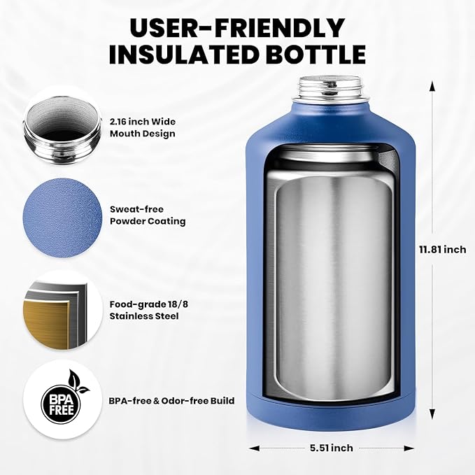 One Gallon Water Bottle Insulated, Triple Walled Vacuum Stainless Steel (Cold for 48 Hrs), Leak Proof & Non-BPA, Large Water Flask Jug with Paracord Handle & Straw Spout Lids