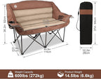 Northroad Folding Loveseat Camping Chair Portable Double Duo Full Padded Garden Chair for 2 Person Sofa w/Cup Holder,Wine Glass Holder,Mesh Storage,Support 600lbs for Picnic Beach Travel, Moca