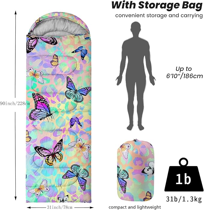 Sleeping Bags for Adults Youth Kids,3D Printing Camping Sleeping Bag for Girls Boys Lightweight Waterproof Cold/Warm Weather Sleeping Bag for 3 Seasons