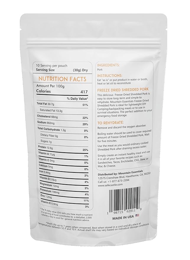 MOUNTAIN ESSENTIALS Freeze-Dried Shredded Pork – Fully Cooked, Ready-to-Eat Meat | 10 Servings per Pouch | 7-Year Shelf Life | Ideal for Daily Meals, Camping, Emergency Preparedness & Survival | Made in USA | Pack of 1