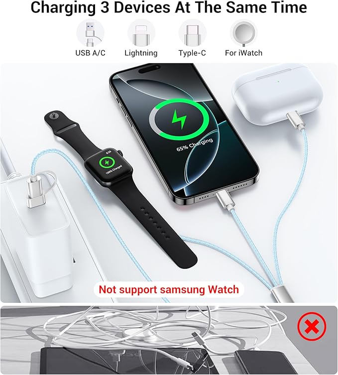 Temdan for Travel Vacation Essentials,3 in 2 USB C Cable for Apple Watch Charger/iPhone 17 Charger/Lightning,Multi Charging Cable Cord,Camping Essentials,Designed for iWatch & iPhone 16-12-4FT Blue