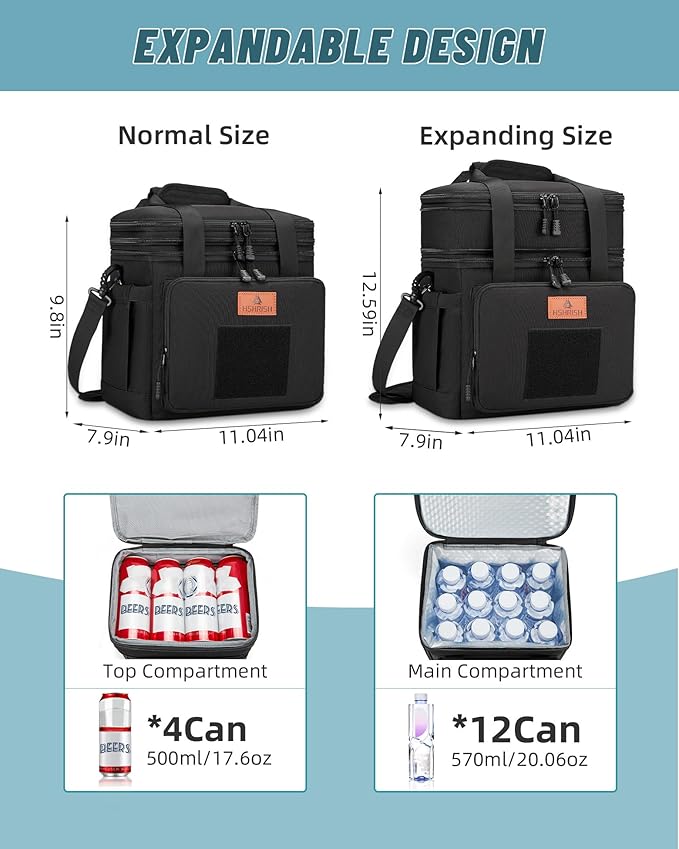 HSHRISH Tactical Lunch Box, Large Expandable Insulated Lunch Bag, Durable Waterproof Leakproof Cooler Bag for Adults/Men/Women/Work Outdoor Beach Trips, 20 Cans/15 L, Black