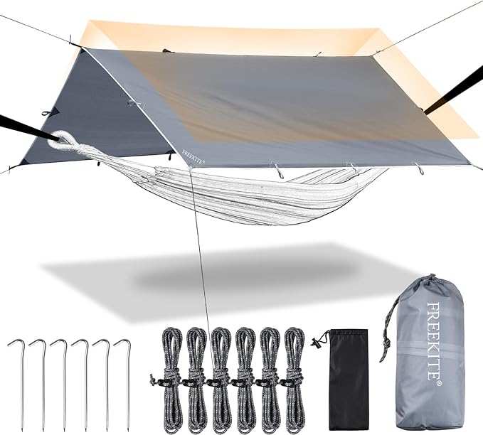Camping Tarp Tent Portable Multifunctional Bushcraft Backpacking Tear-Resistant Fabric Rain Fly Tarps Awning Shelter Lightweight Waterproof Tarp(10×10 tarp)