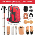 Maelstrom Hiking Backpack,Camping Backpack,40L Waterproof Hiking Daypack with Rain Cover,Lightweight Travel Backpack,Red