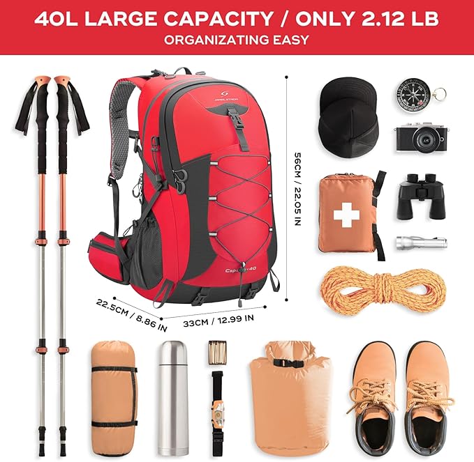 Maelstrom Hiking Backpack,Camping Backpack,40L Waterproof Hiking Daypack with Rain Cover,Lightweight Travel Backpack,Red