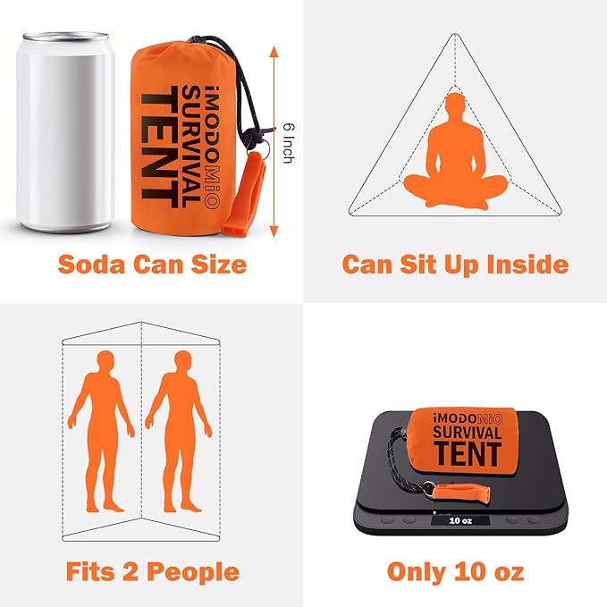 Emergency Survival Tent Life Shelter - 2 Person Mylar Emergency Shelter Tube Tent with Emergency Whistle & Paracord, All-Weather Essential Survival Gear for Camping, Hiking & Survival Kits