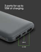 Belkin Portable Charger, USB C Power Bank 10000 mAh w/ 2xUSB-A Ports, 15W w/Type-C to Type-A Cable for iPhone 17, Air, Pro, Samsung Galaxy S25, iPad, Nintendo Switch 2, Google Pixel 10, etc. - Gray
