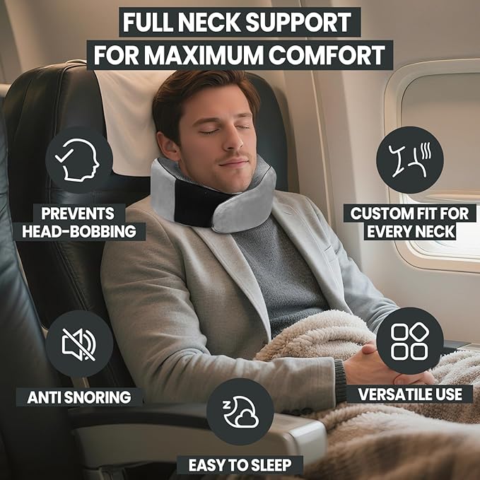 Travel Pillow, 100% Pure Memory Foam Travel Neck Pillow Airplane Neck Support Ergonomic Design for Traveling Suitable for Airplanes,Offices and Cars-Light Grey