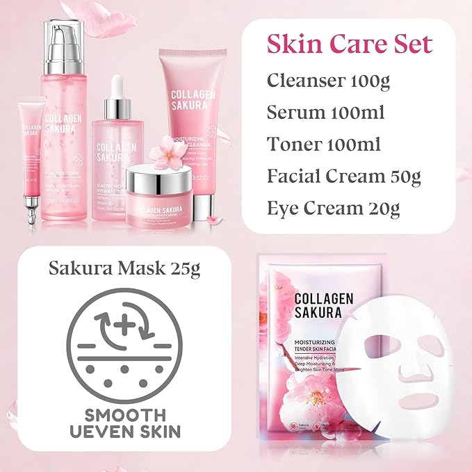 Skin Care Set-Travel Skincare Kit-Collagen Sakura Set with Mask,Eye Cream,Cleanser,Serum,Face Cream,Toner for Gift Sets for Teen Girls,Facial Skin Care Sets for Women Wife Teen Girls