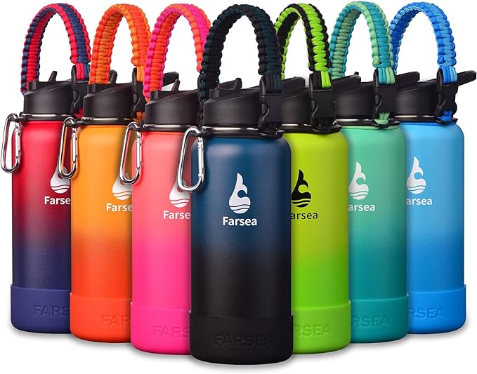 Farsea Insulated Water Bottle With Paracord Handle, Protective Silicone Boot and 2 Lids (Straw Lid & Spout Lid), Stainless Steel Water Bottle Wide Mouth, Double Wall Sweat-Proof BPA-Free, 32 oz