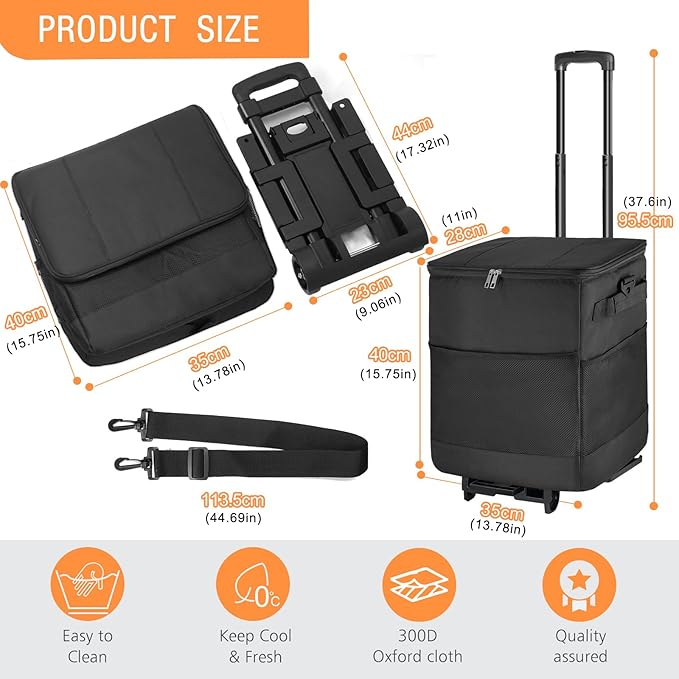 Collapsible Large Rolling Cooler 60-Can/40L,3-in-1 Insulated Soft Cooler Bag,Adjustable Wheels&Handle, Rolling Cooler Cart for Beach Camping Travel Outdoor Hot Takeout Orders