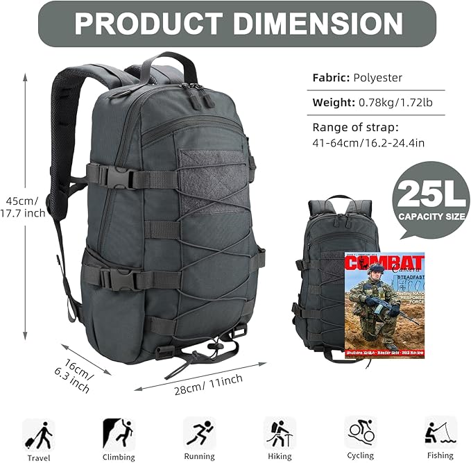 25L Hiking Backpack Small Tactical Backpack Daypack Camping Trekking Hunting Molle Pack for Men Women, Grey