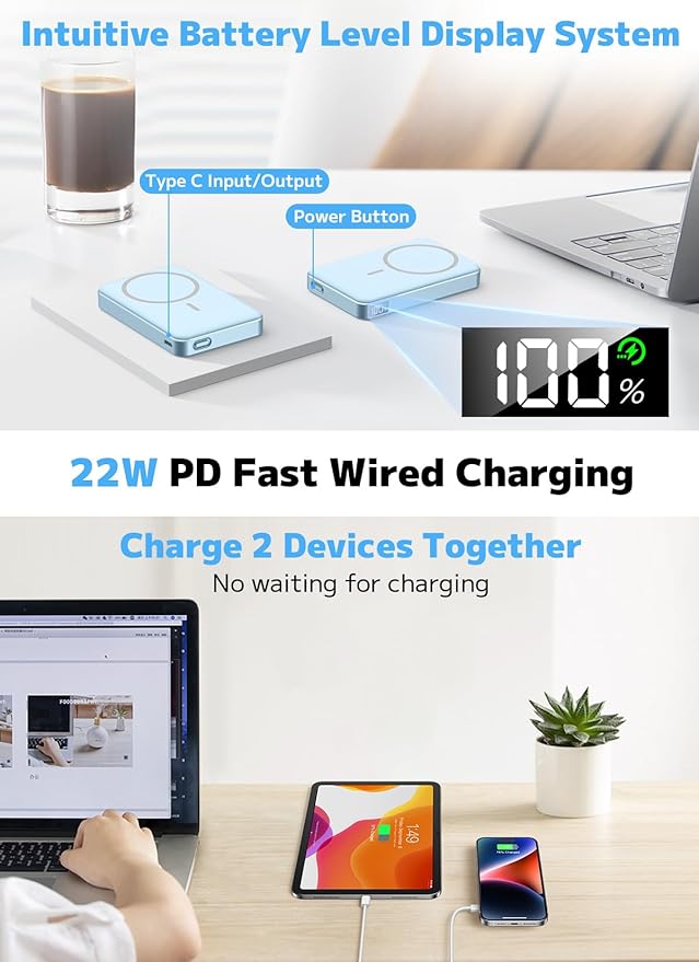 golioklsy for Magsafe Portable Charger,10000mAh Power Bank with Type-C 20W PD Fast Charging, Lightweight and Slim, LED Display for Magsafe Battery Pack for iPhone 17/16/15/14 All Series, Blue