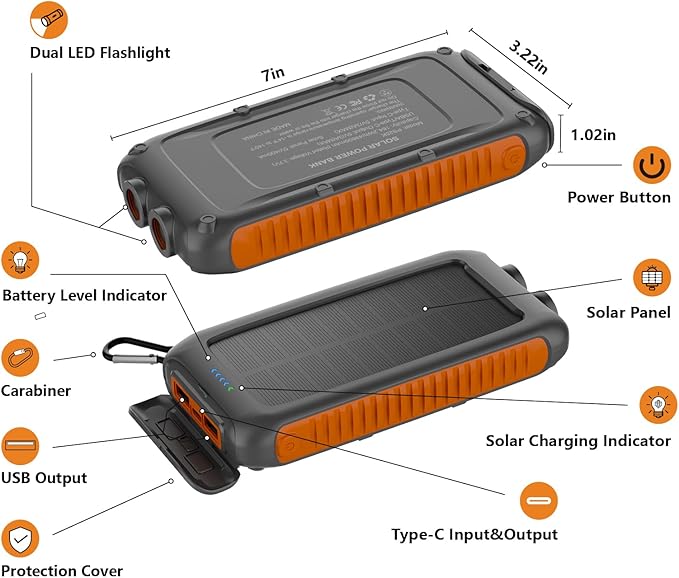 Solar Charger Power Bank 49800mAh,Portable Solar Phone Charger with 2 USB-A，1 Type-C Interface，15W Fast Charging for iPhone Samsung Etc,Portable Battery Charger with Dual Flashlight for Camping
